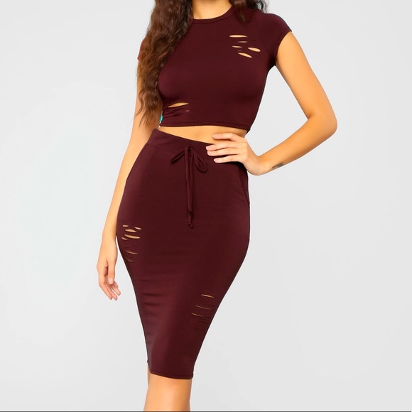 FASHION NOVA BURGUNDY MIDI SKIRT AND TOP SET - Picture 1 of 7